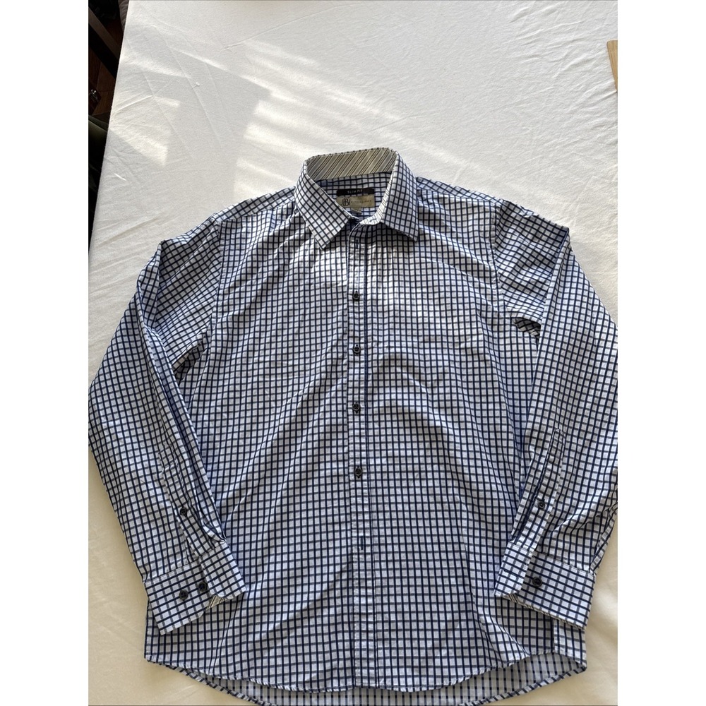Jhane Barnes Mens Slim Fit Blue Grid Button Up Dress Shirt 100% Cotton L